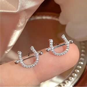 Silver Crystal Horseshoe Stud Earrings - Women's Jewelry